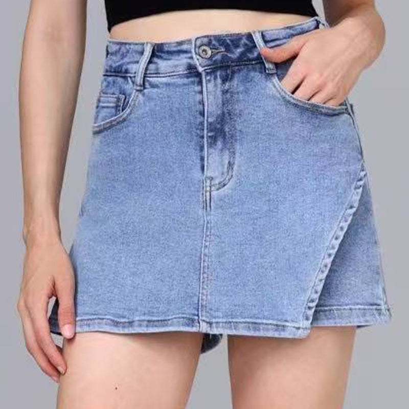High Waist Denim Skirt Pants A-Line Multi-Pocket Layered