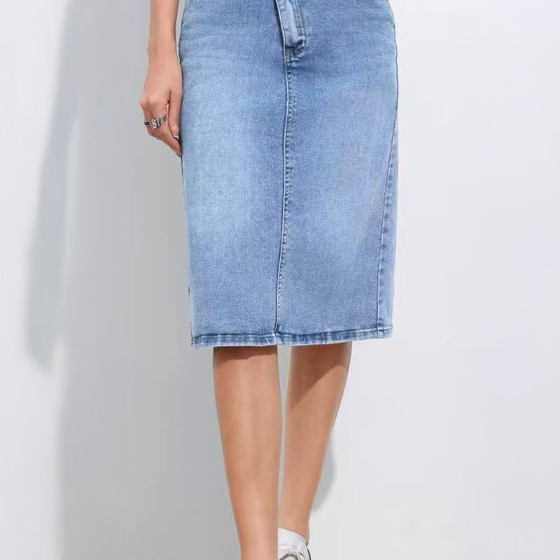Casual Irregular Button Design Denim Straight Skirt