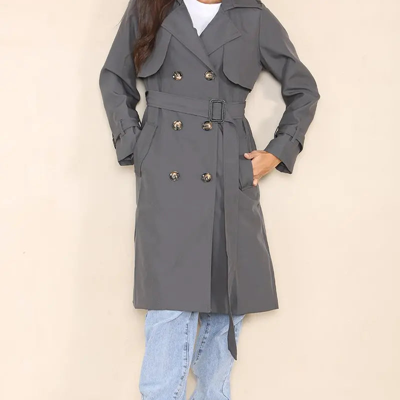 Classy Notch Lapel Double Breasted Belt Decor Trench Coat