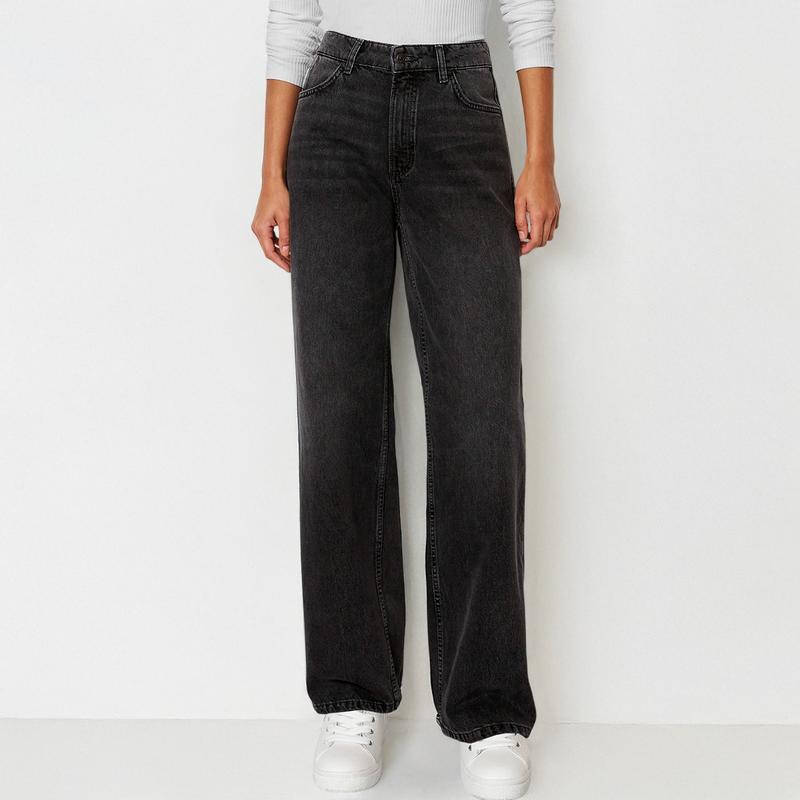 Trendy Minimalist High Waist Denim Stretch Wide Leg Jeans