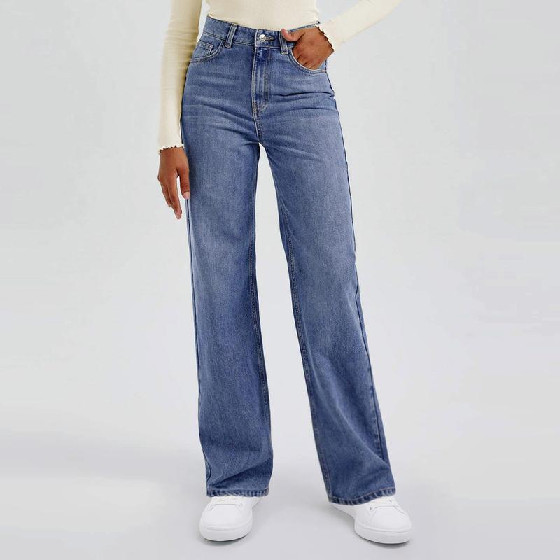 Trendy Minimalist High Waist Denim Stretch Wide Leg Jeans