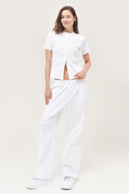 Casual Short Sleeve Button Slim Top & Wide Leg Trousers Co-ord
