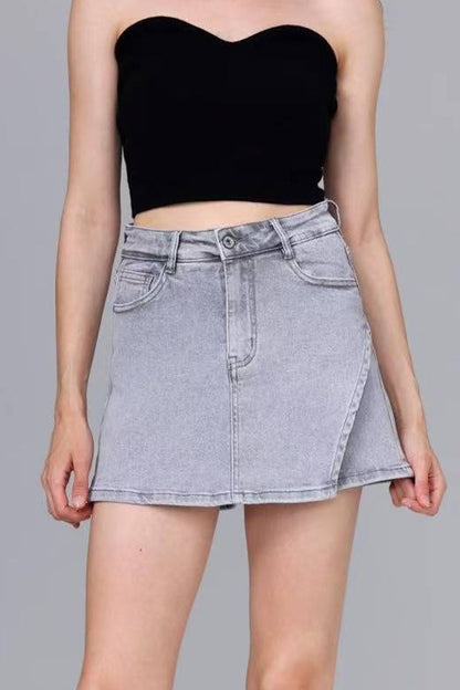 High Waist Denim Skirt Pants A-Line Multi-Pocket Layered