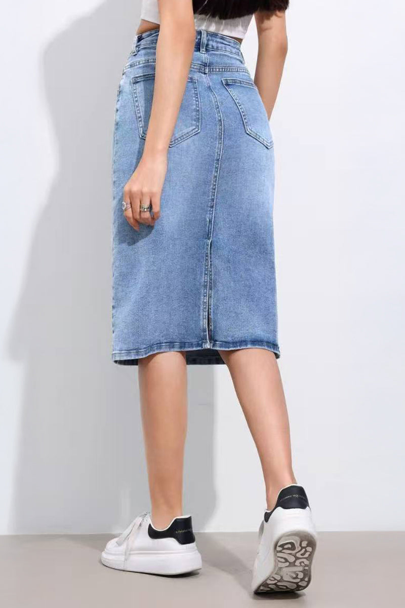 Casual Irregular Button Design Denim Straight Skirt