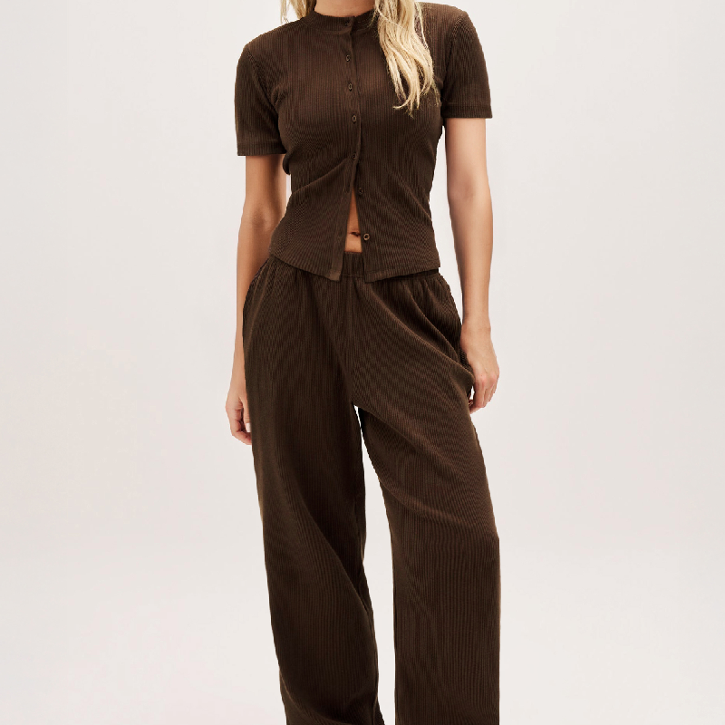 Casual Short Sleeve Button Slim Top & Wide Leg Trousers Co-ord