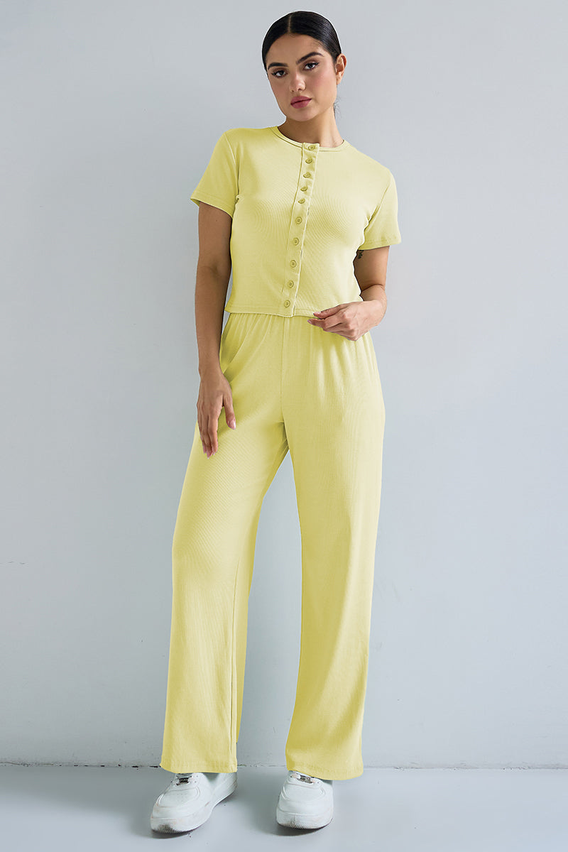 Casual Short Sleeve Button Slim Top & Wide Leg Trousers Co-ord