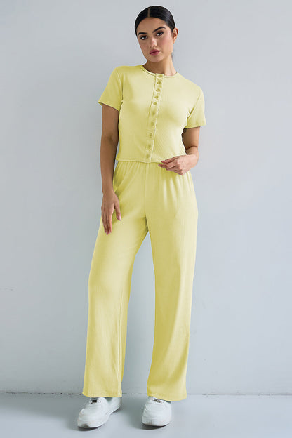 Casual Short Sleeve Button Slim Top & Wide Leg Trousers Co-ord