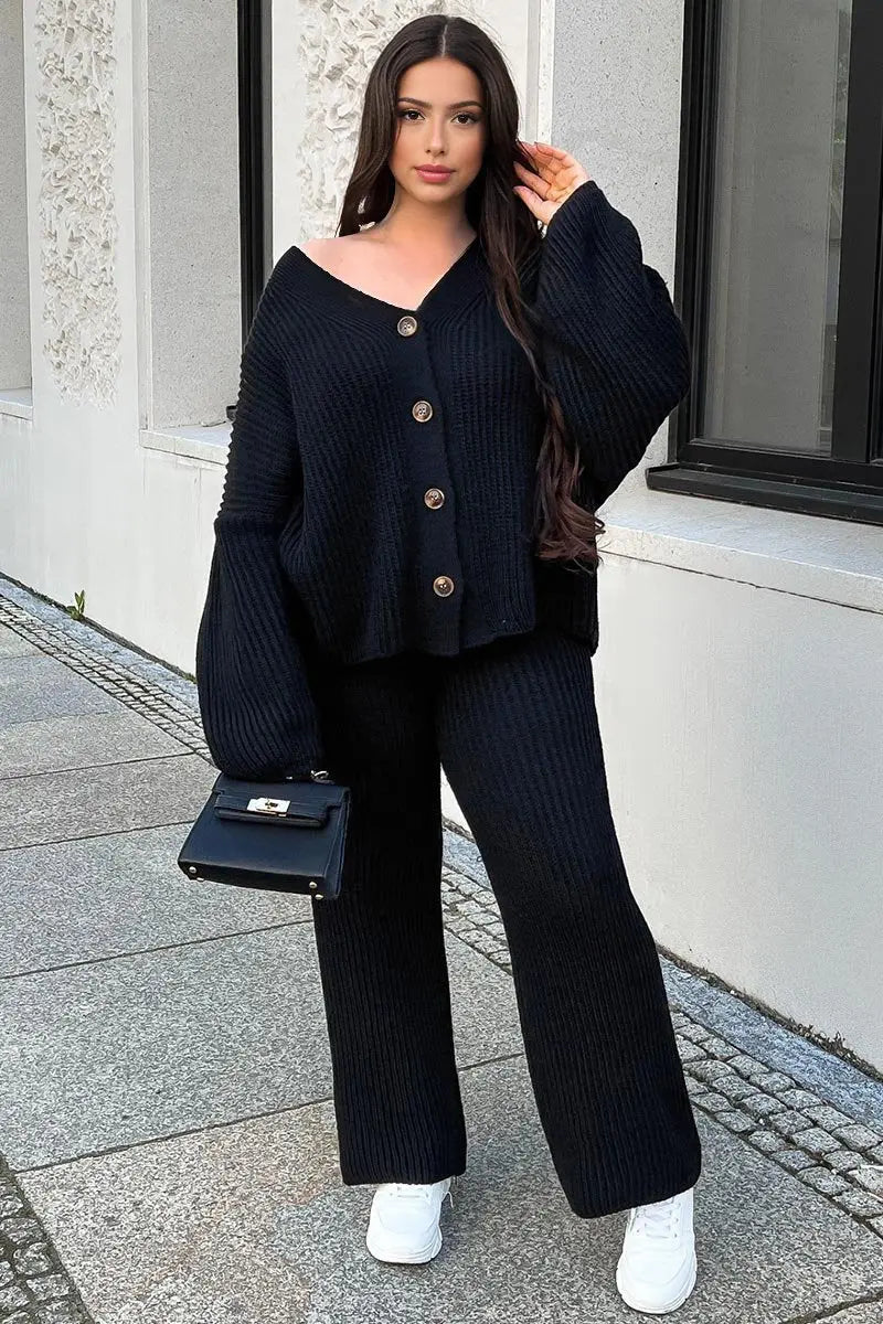 Casual Knit V Neck Cardigan & Loose Trousers Co-ord