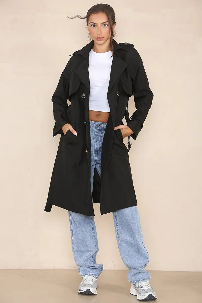 Classy Notch Lapel Double Breasted Belt Decor Trench Coat