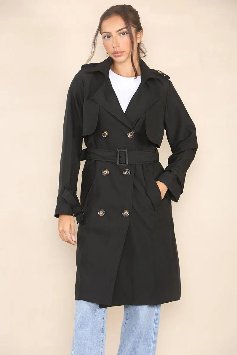 Classy Notch Lapel Double Breasted Belt Decor Trench Coat