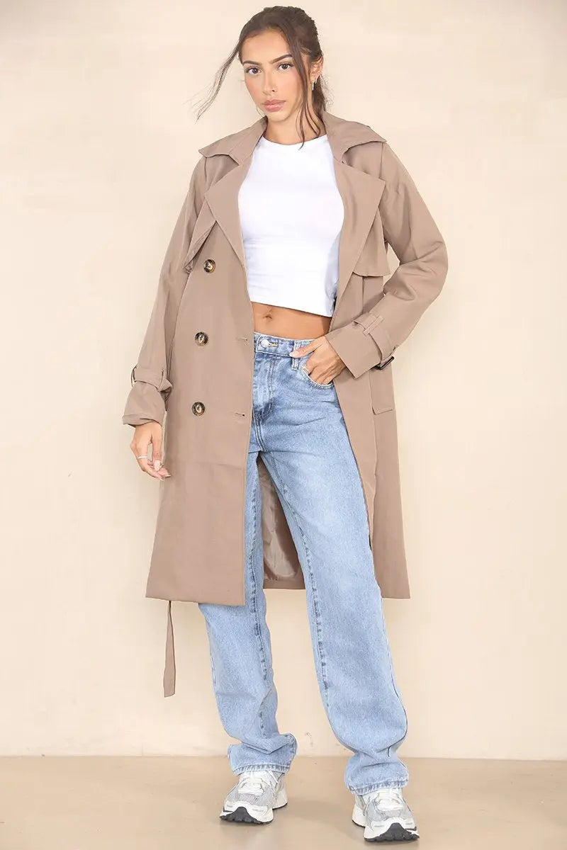 Classy Notch Lapel Double Breasted Belt Decor Trench Coat