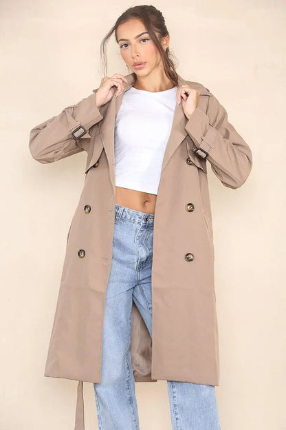 Classy Notch Lapel Double Breasted Belt Decor Trench Coat