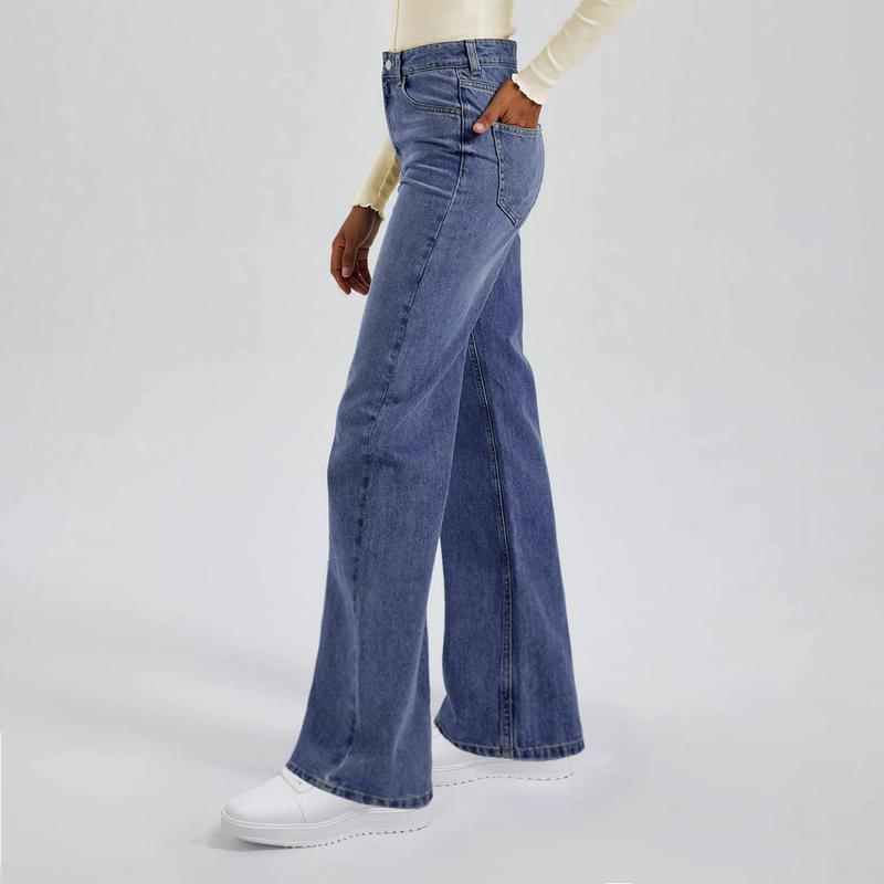 Trendy Minimalist High Waist Denim Stretch Wide Leg Jeans